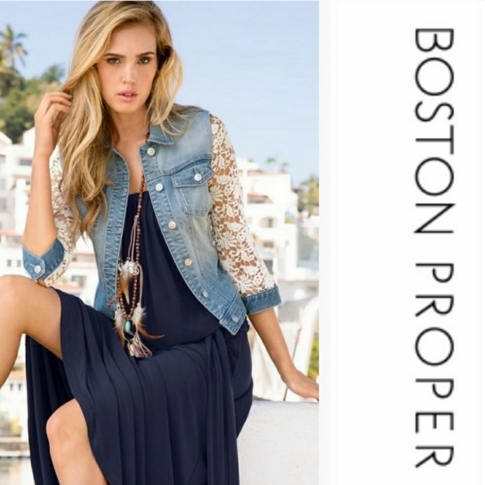 Boston Proper Crochet Sleeve Denim Jacket Light Wash